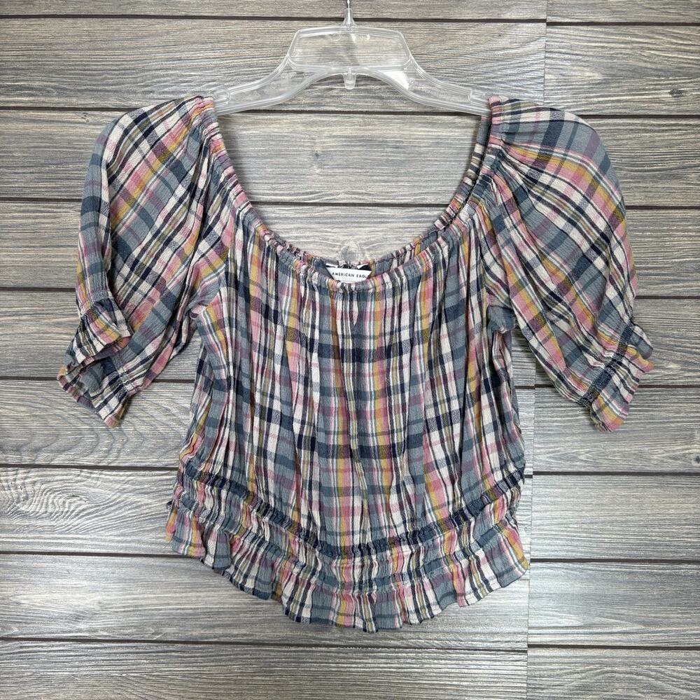 American Eagle Off Shoulder Puff Sleeve Top Womens Med Plaid Sage Peach Cinched